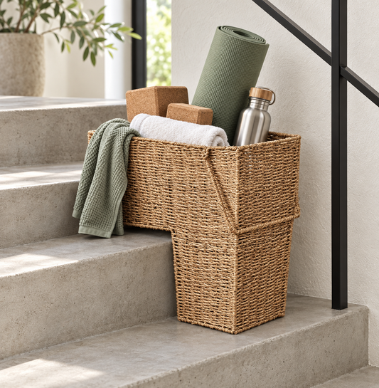 A wicker basket for stairs placed on concrete stairs, holding a rolled green yoga mat, a white towel, brown yoga blocks, and a silver water bottle. A green textured throw blanket is draped over the side of the basket.
