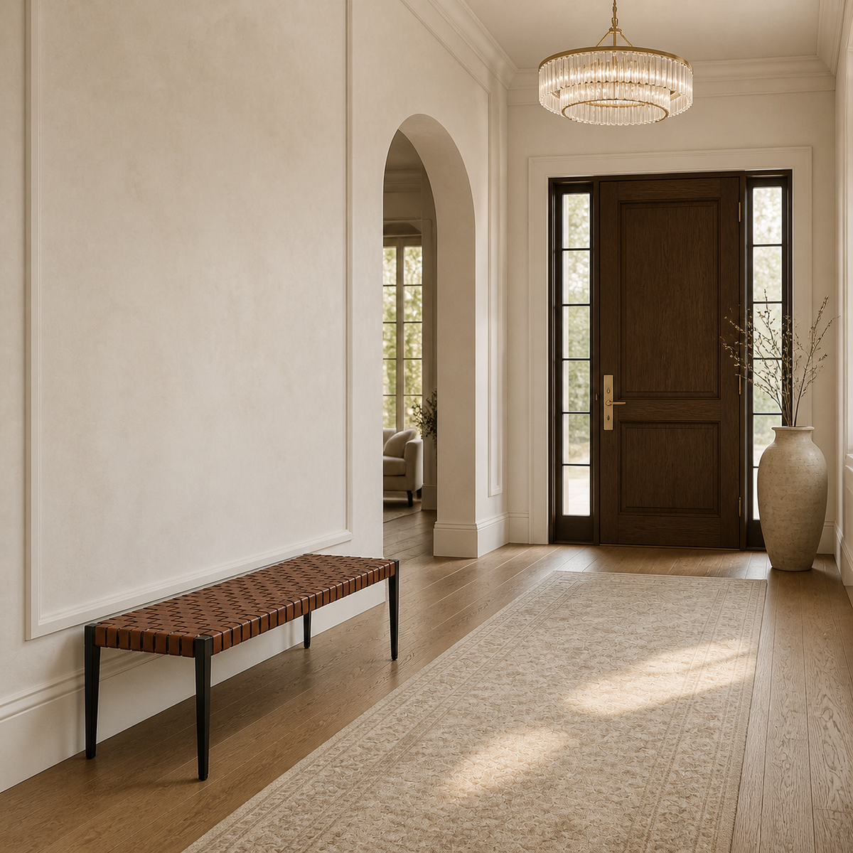 A modern entryway featuring a dark brown wooden front door with glass panels, a woven brown wicker bench with black legs, a long beige runner rug, and a large beige ceramic vase with dried branches on the floor.