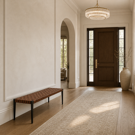 A modern entryway featuring a dark brown wooden front door with glass panels, a woven brown wicker bench with black legs, a long beige runner rug, and a large beige ceramic vase with dried branches on the floor.