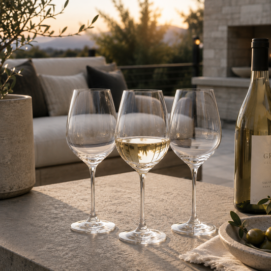 wine glass set outside on table