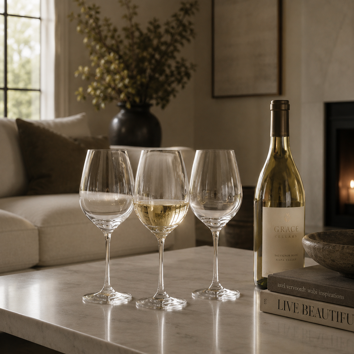 wine glass set on a marble table in a cozy living room setting, with a bottle of Grace Valley White Wine and a book in the background.