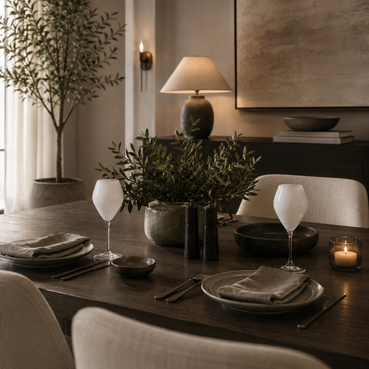 A styled dining table in a warm, modern dining room setting, featuring place settings with folded linen napkins, clear wine glasses, dark ceramic dishes, a central green potted plant, and a lit candle.