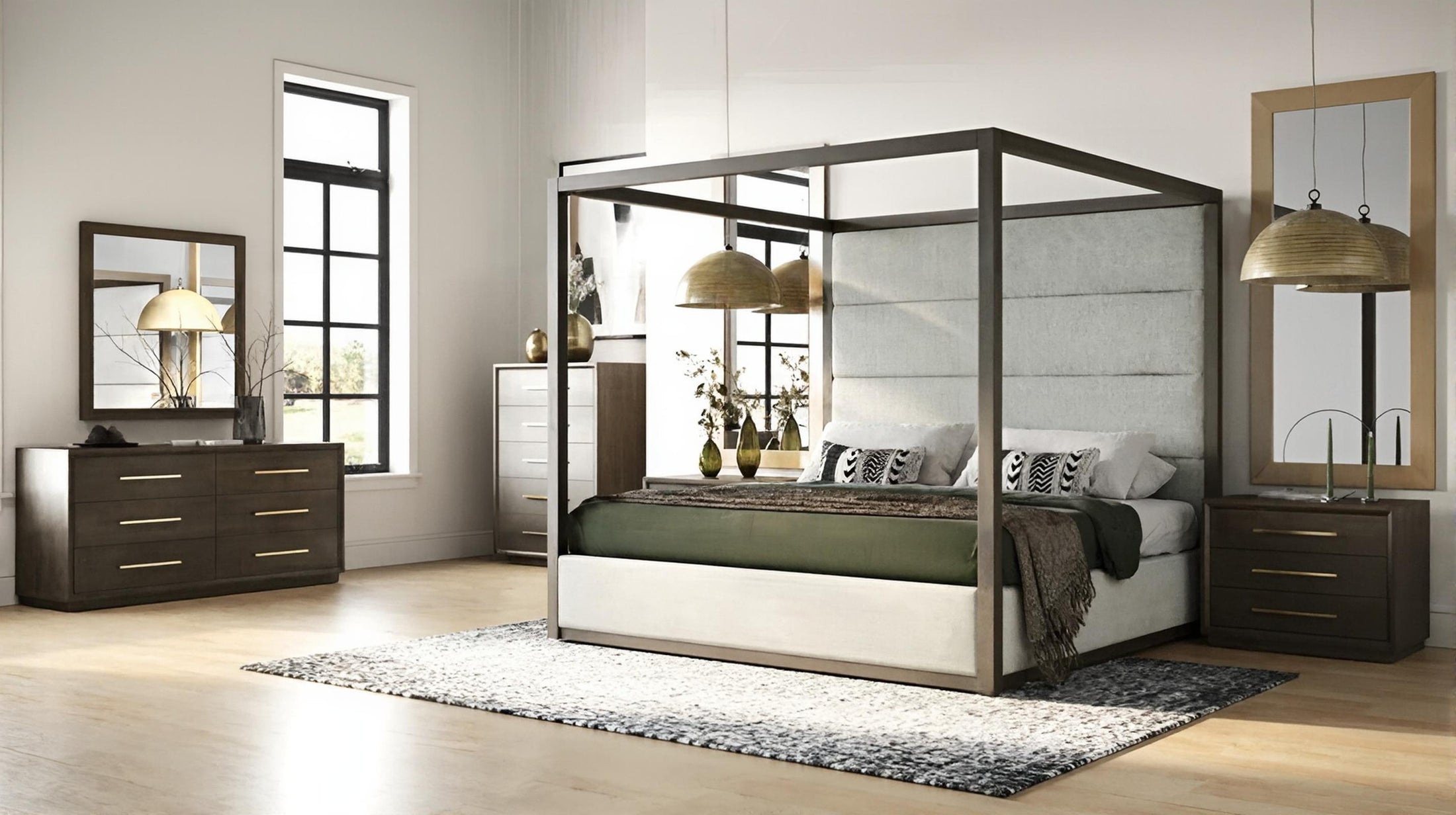 wood dresser in bedroom with a bed and nightstand