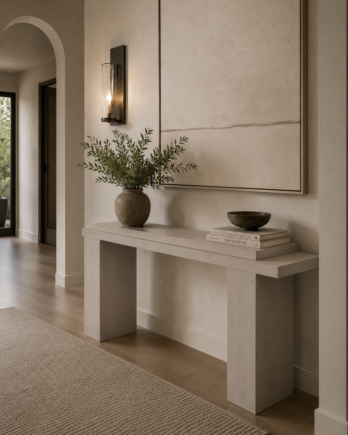 wooden console table in a warm neutral-toned entryway, styled with a ceramic vase of greenery and a stack of books beneath a large framed artwork.