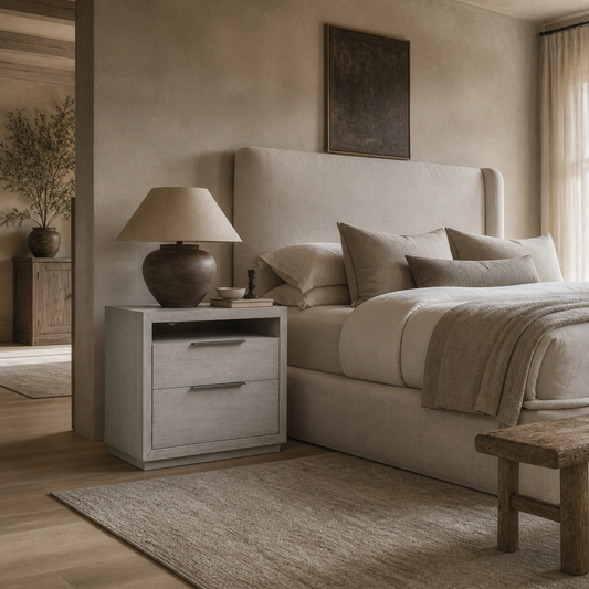 A modern bedroom scene featuring a light gray two-drawer nightstand with a dark ceramic table lamp, positioned next to a bed with neutral beige bedding and a textured upholstered headboard.
