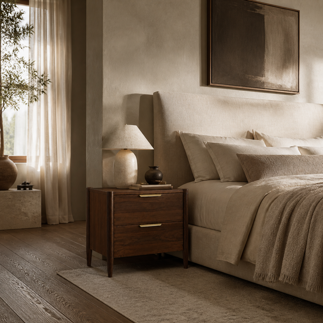 A warm, modern bedroom scene featuring a dark brown wooden nightstand with two drawers and gold-tone handles, styled with a textured ceramic table lamp and a small dark vase. The nightstand is positioned next to a bed with beige linens, pillows, and a textured throw blanket, set against a neutral beige wall with a large abstract painting.