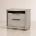 Load image into Gallery viewer, A modern two-drawer nightstand with a light gray wood-grain finish and sleek horizontal metal handles, set against a neutral beige background.
